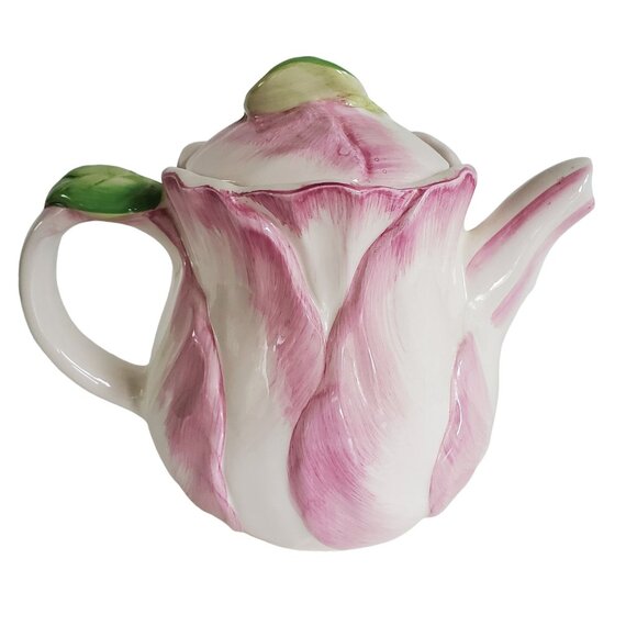 Vintage Teapot The Bombay Company Pink Tulip Ceramic with Lid Taiwan 1992 - Picture 3 of 11